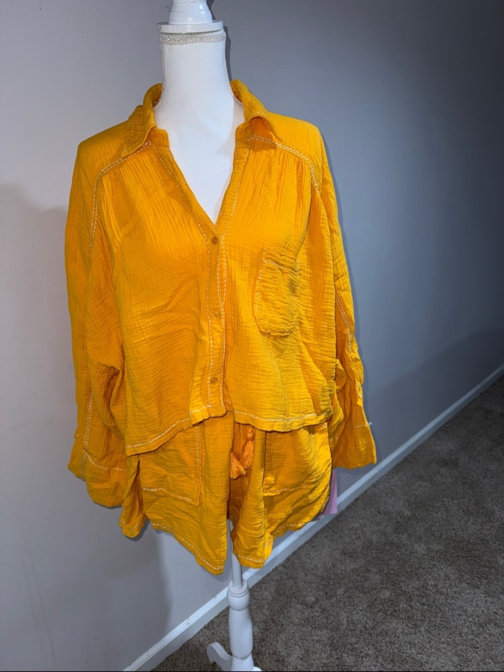 Lightweight Women's Button-Front Gauze Top and shorts in Vibrant Yellow